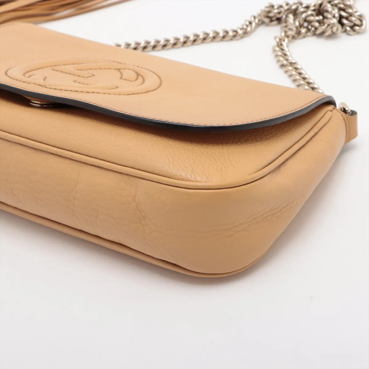Gucci Soho Flap Tassel Chain Shoulder Bag Beige Leather 3460