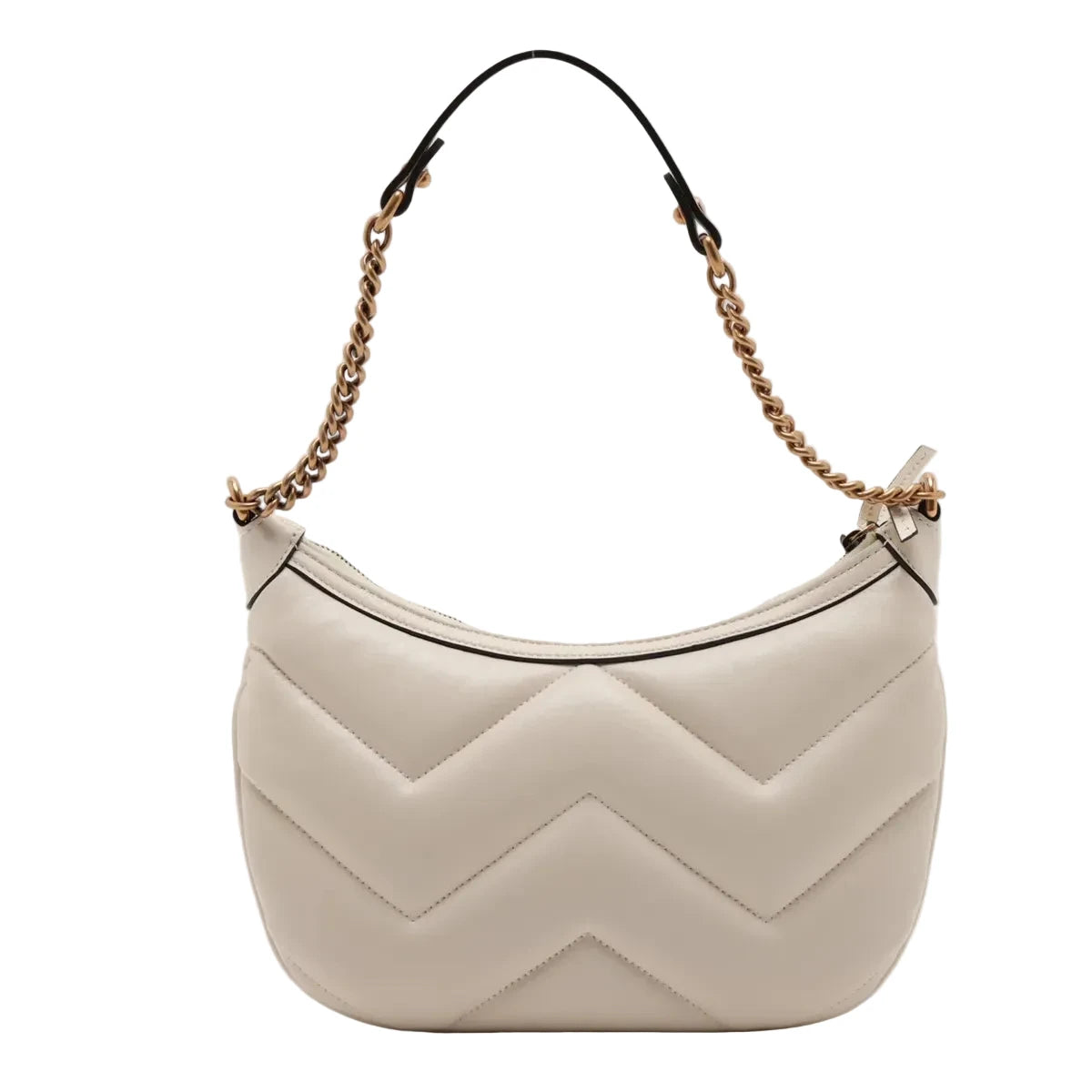 Gucci GG Marmont Half Moon Chain Shoulder Bag White Chevron Leather 3481