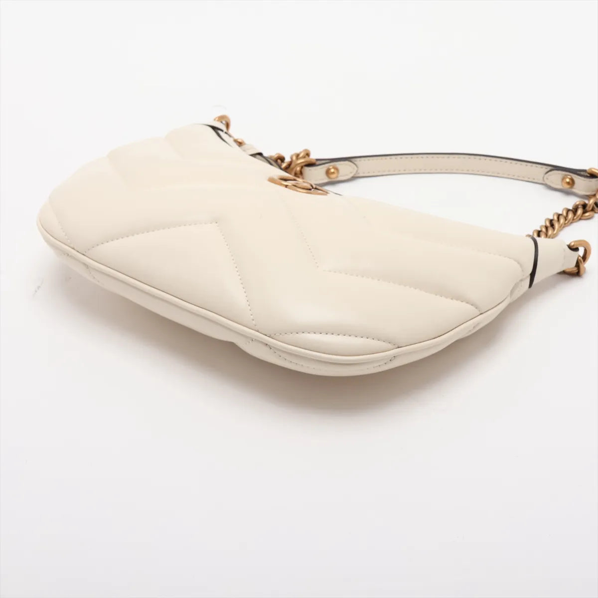 Gucci GG Marmont Half Moon Chain Shoulder Bag White Chevron Leather 3481