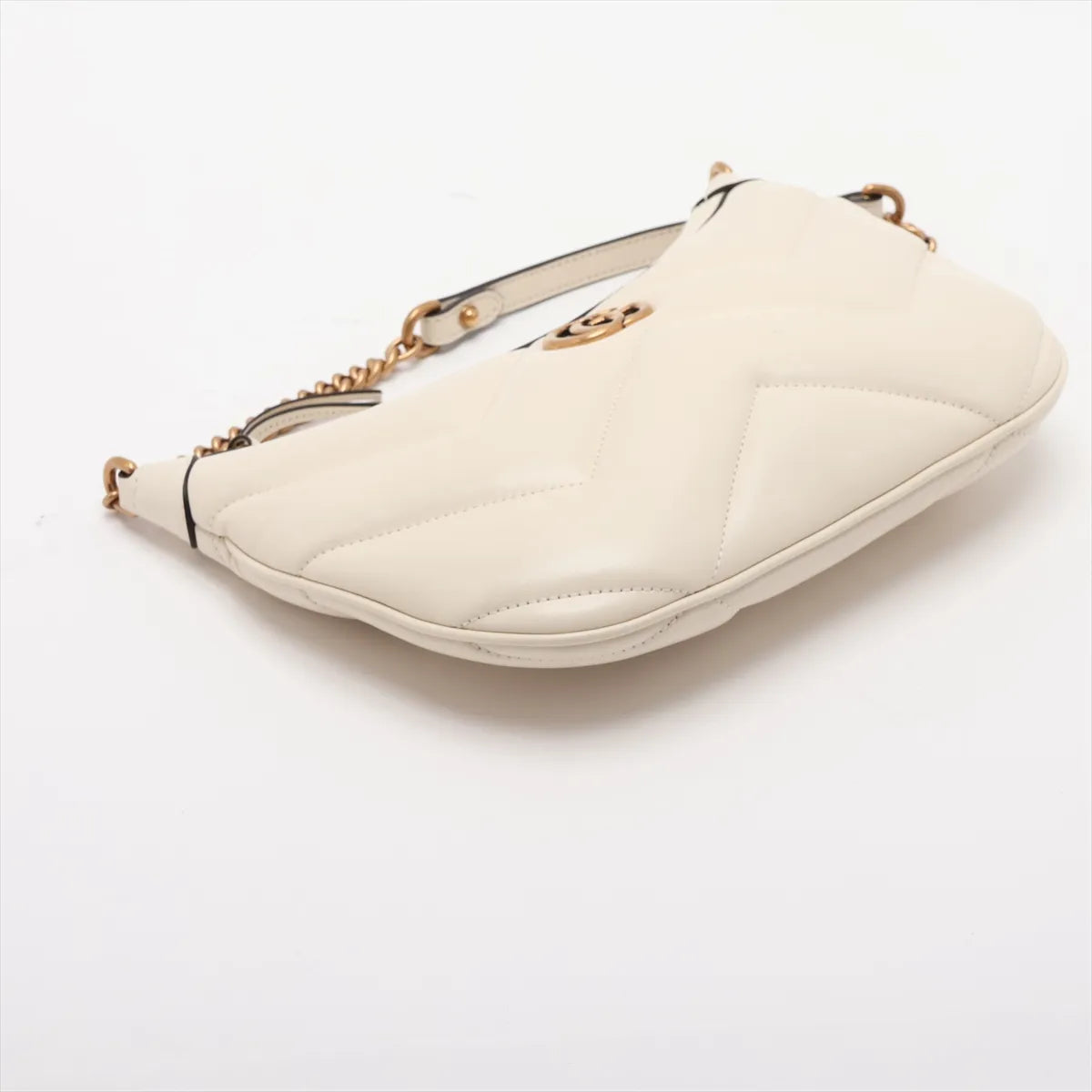 Gucci GG Marmont Half Moon Chain Shoulder Bag White Chevron Leather 3481