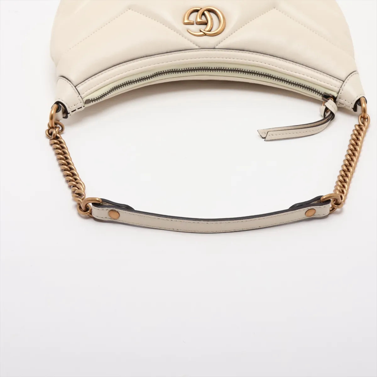 Gucci GG Marmont Half Moon Chain Shoulder Bag White Chevron Leather 3481