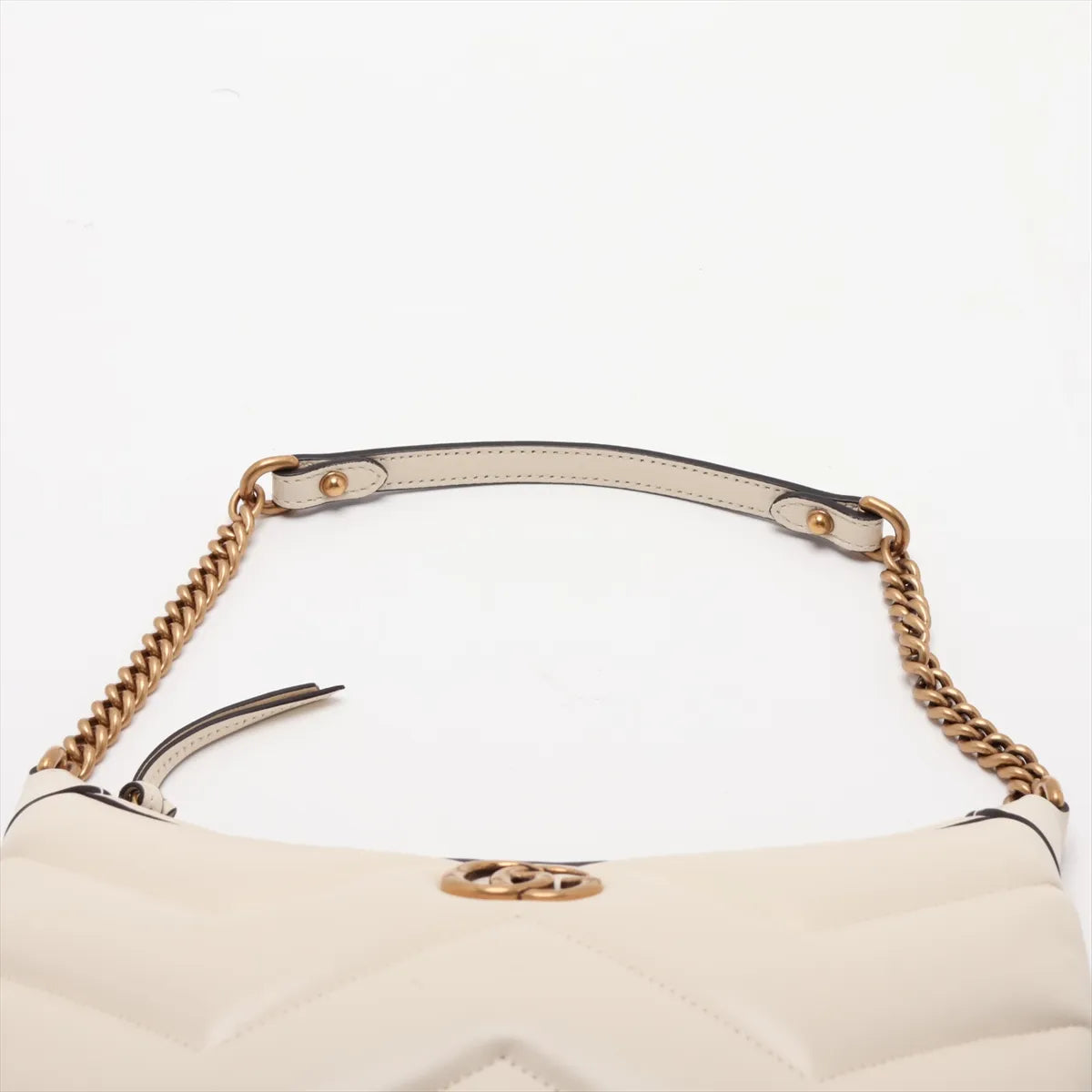 Gucci GG Marmont Half Moon Chain Shoulder Bag White Chevron Leather 3481