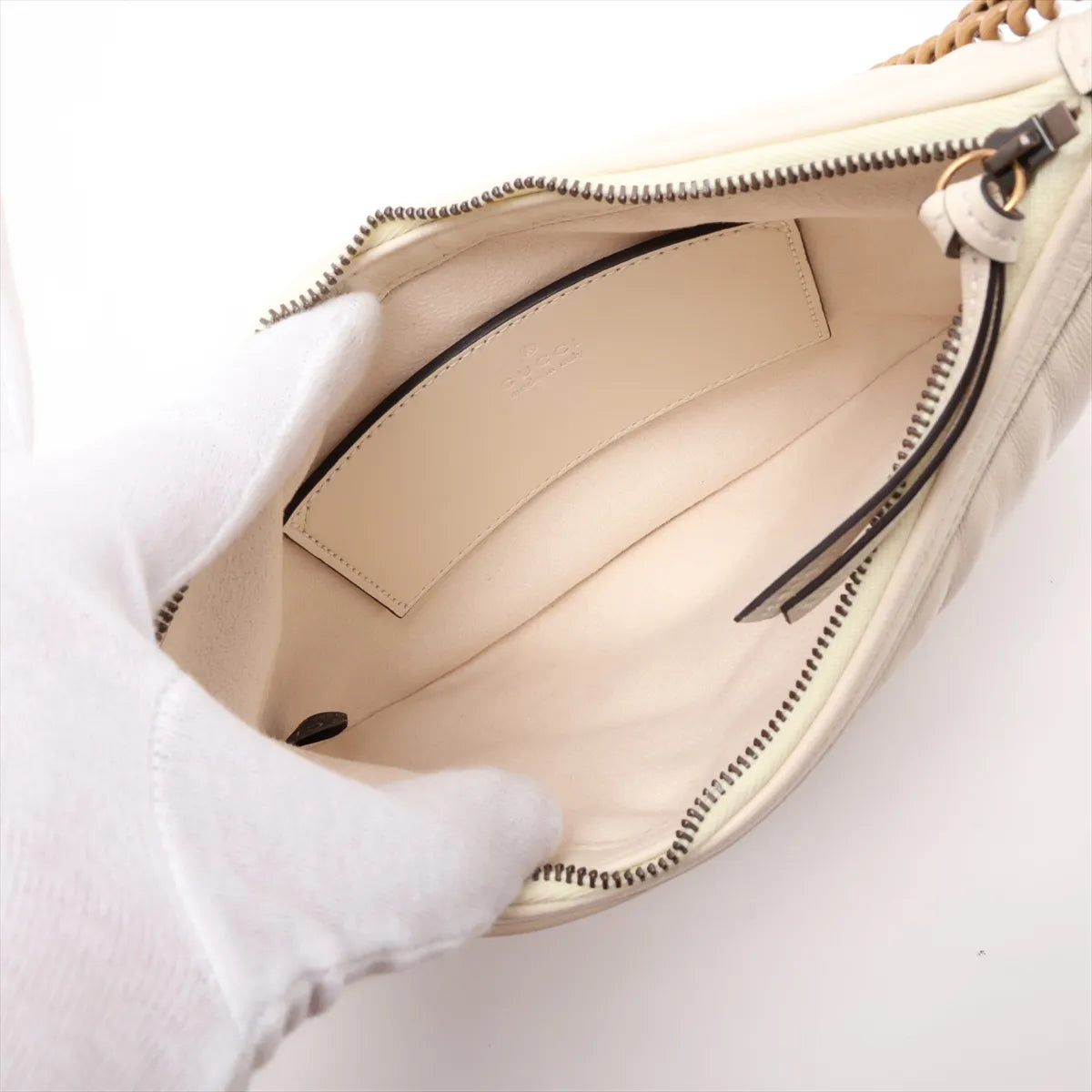 Gucci GG Marmont Half Moon Chain Shoulder Bag White Chevron Leather 3481