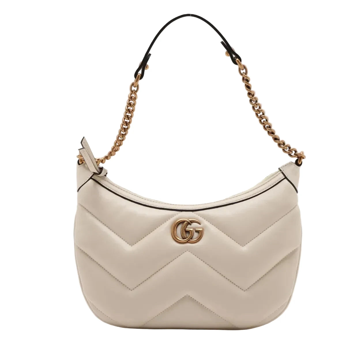 Gucci GG Marmont Half Moon Chain Shoulder Bag White Chevron Leather 3481