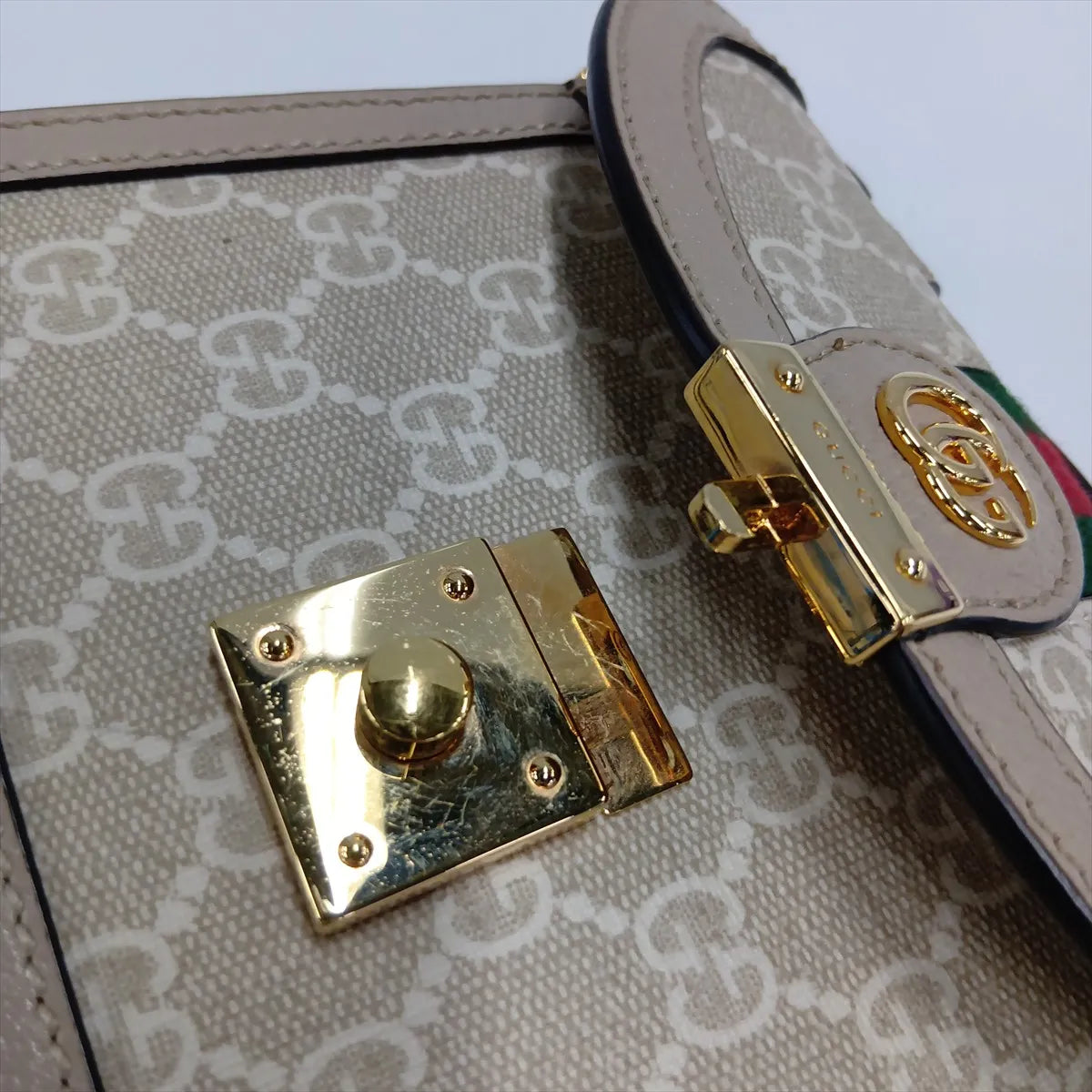 Gucci Ophidia Top Handle Padlock Chain Crossbody GG Supreme Beige 3485