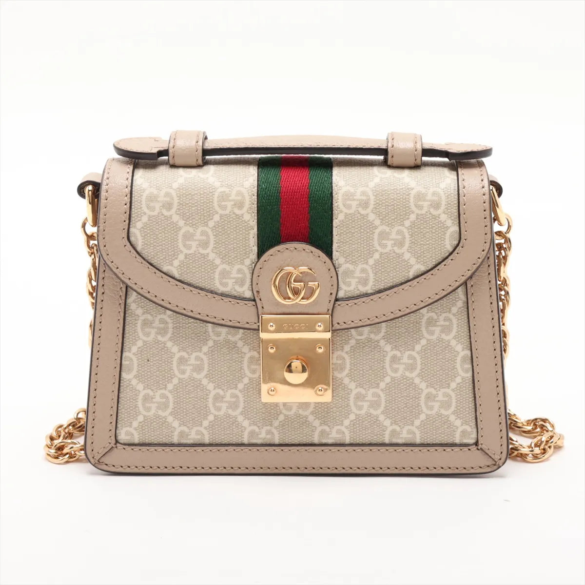 Gucci GG Marmont shoulder bag in beige GG Supreme canvas with a green and red web stripe, gold-tone hardware, and a top handle, shown on a white background.