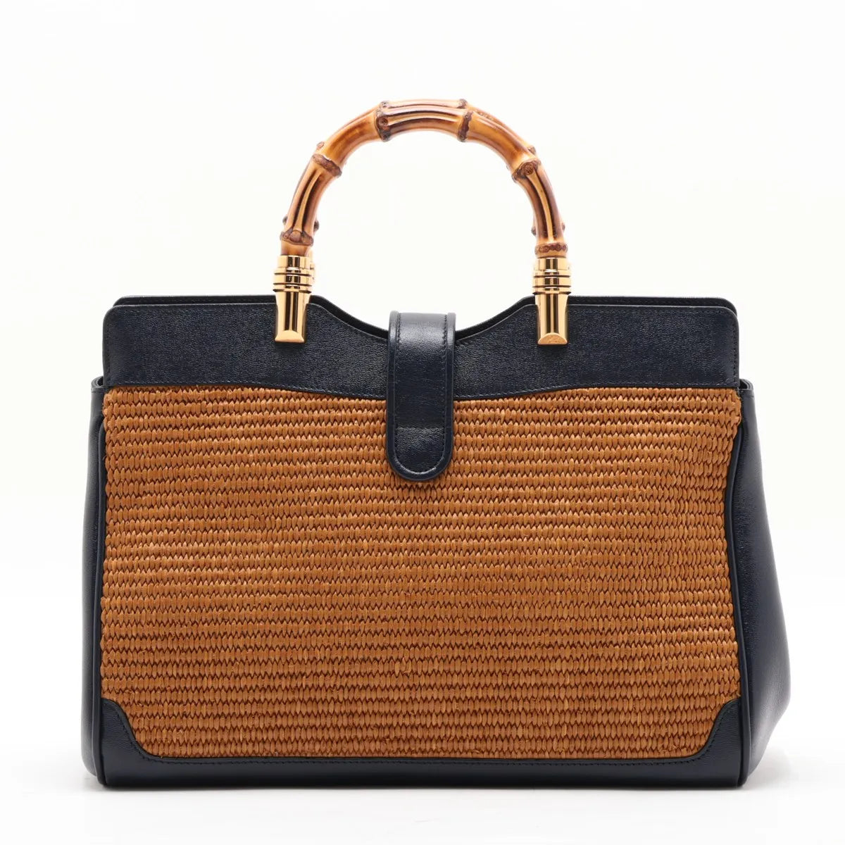 Gucci Dahlia Bamboo Top Handle 2-Way Tote Raffia Navy Leather 3480