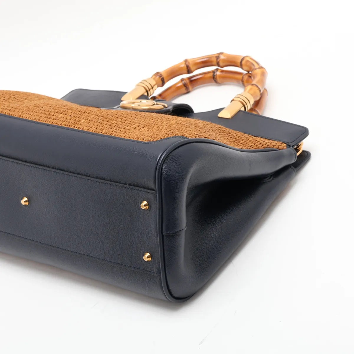 Gucci Dahlia Bamboo Top Handle 2-Way Tote Raffia Navy Leather 3480