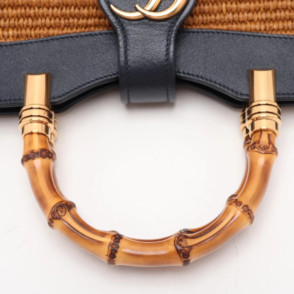 Gucci Dahlia Bamboo Top Handle 2-Way Tote Raffia Navy Leather 3480