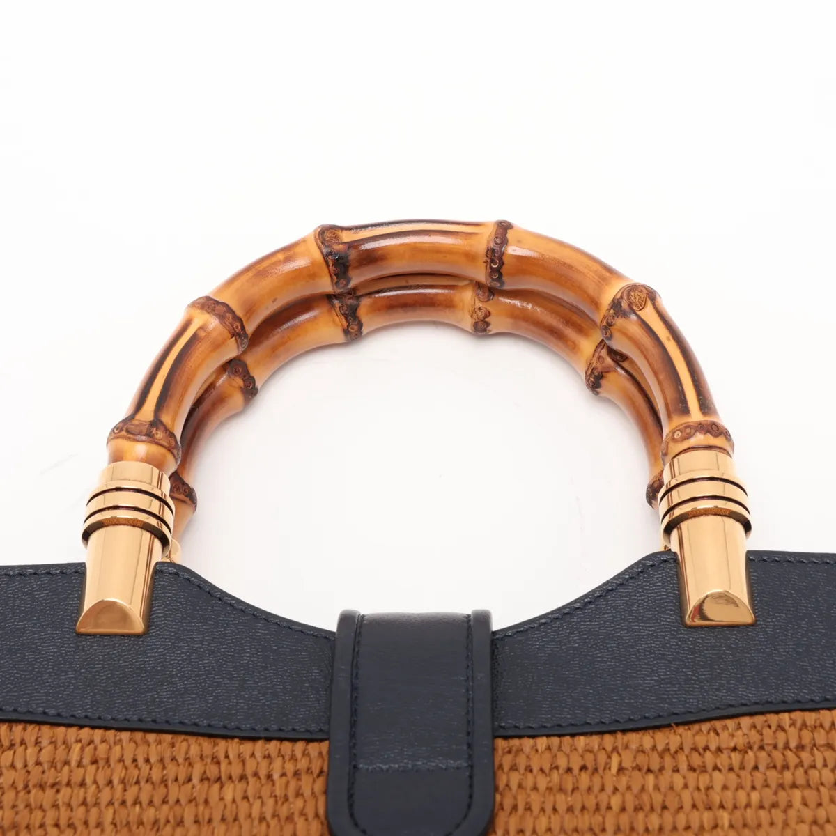 Gucci Dahlia Bamboo Top Handle 2-Way Tote Raffia Navy Leather 3480