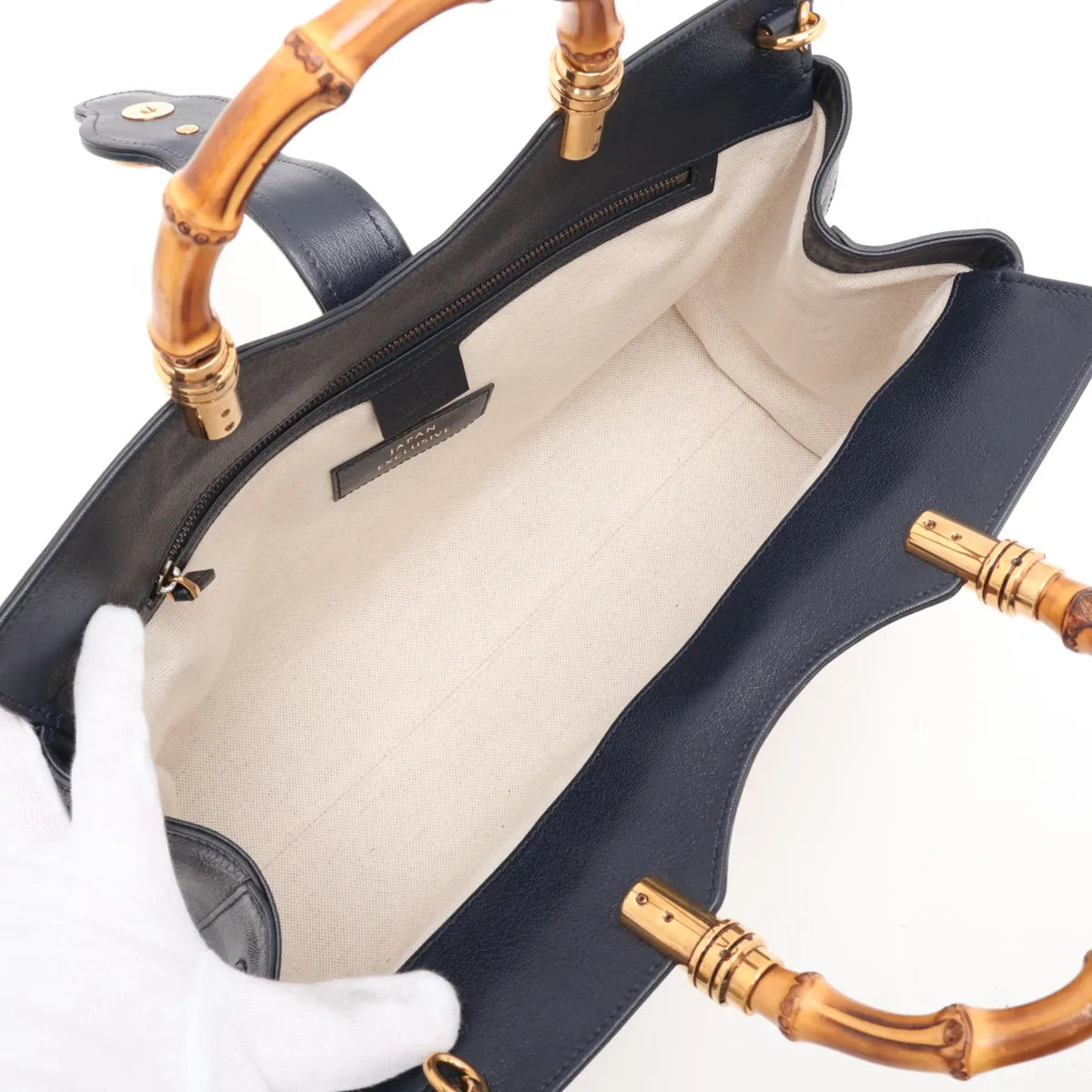 Gucci Dahlia Bamboo Top Handle 2-Way Tote Raffia Navy Leather 3480