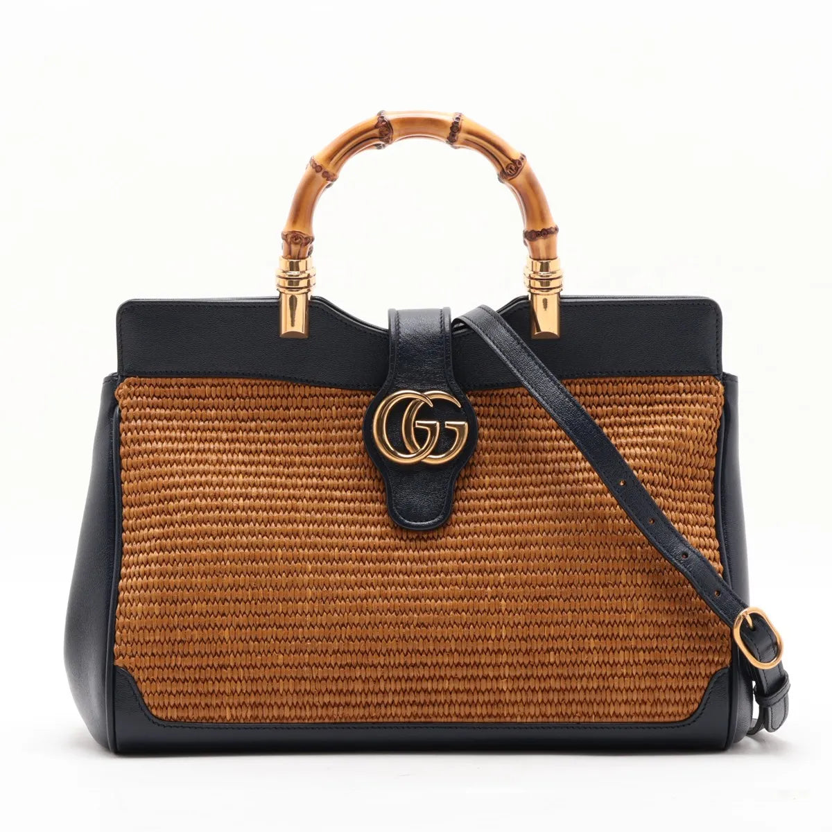 Gucci Dahlia Bamboo Top Handle 2-Way Tote Raffia Navy Leather 3480