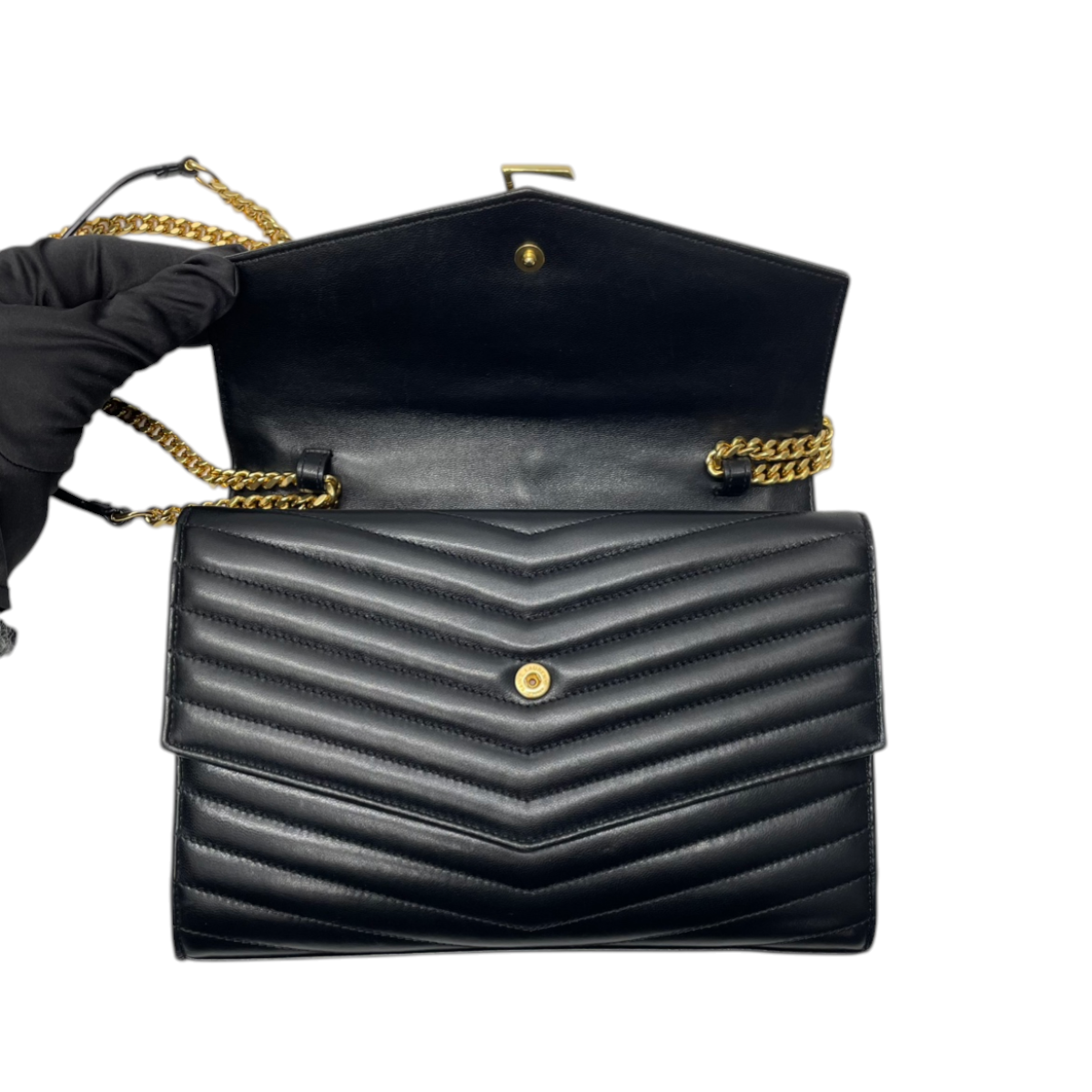 YSL Sulpice Envelope Chain Wallet Black Chevron 3151