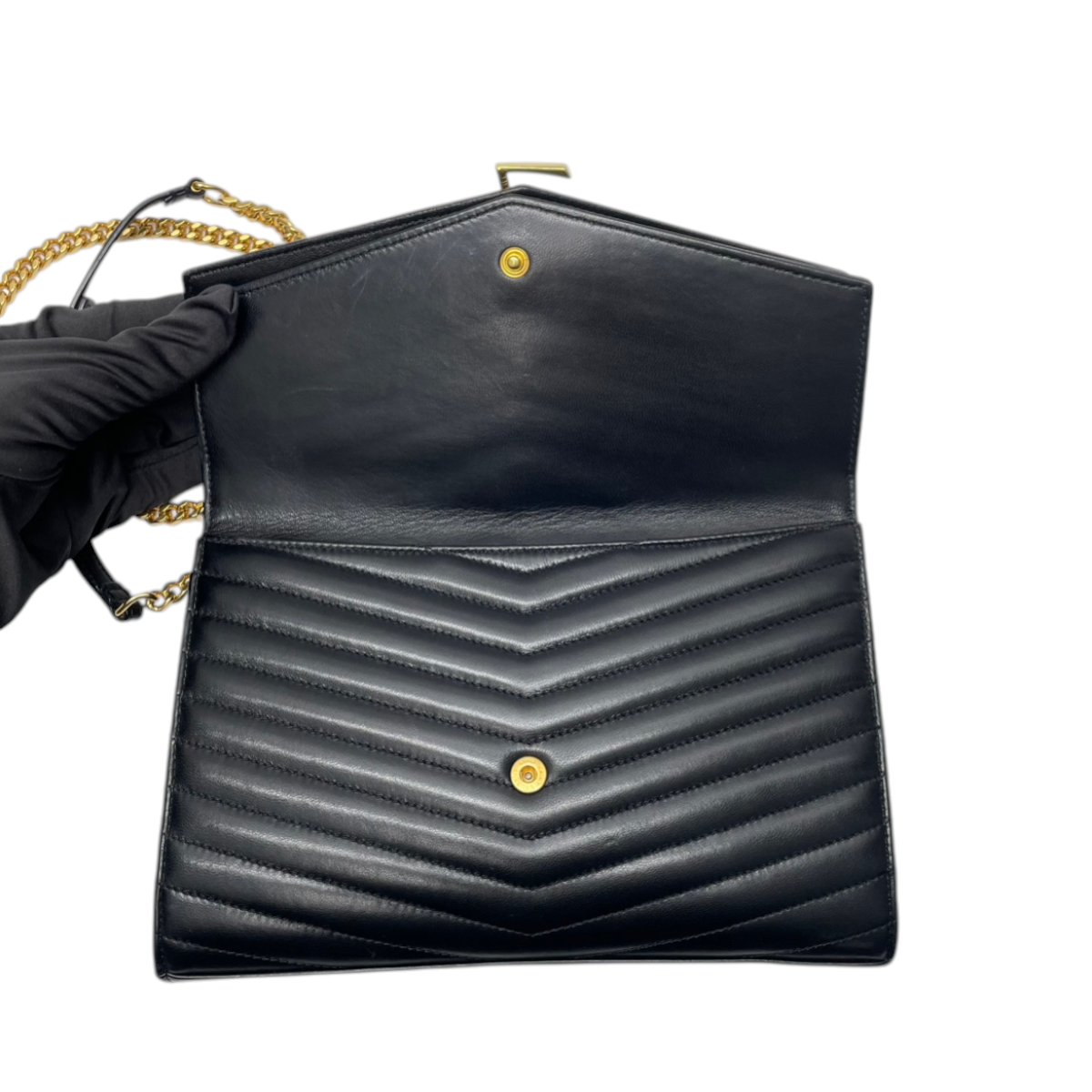 YSL Sulpice Envelope Chain Wallet Black Chevron 3151