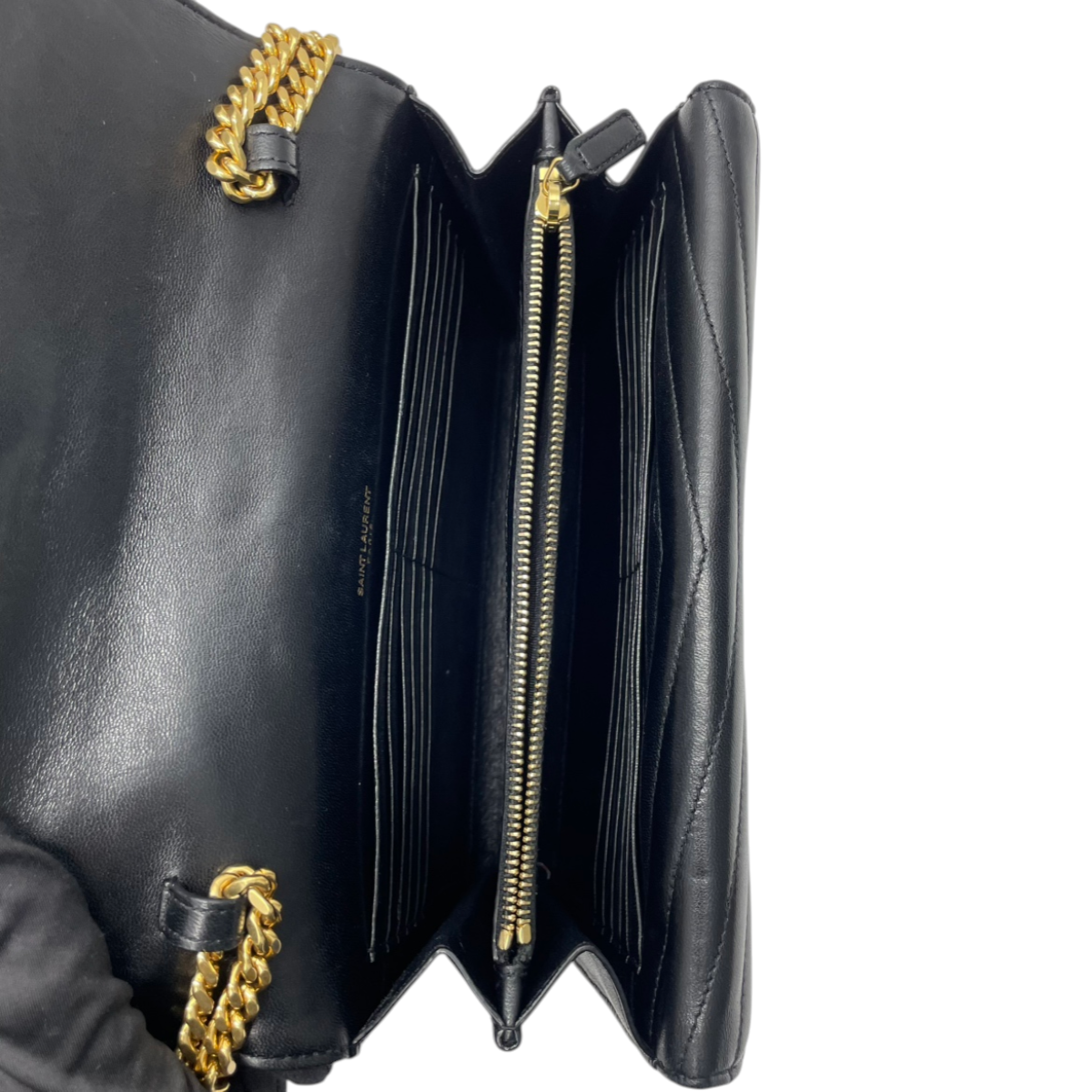 YSL Sulpice Envelope Chain Wallet Black Chevron 3151