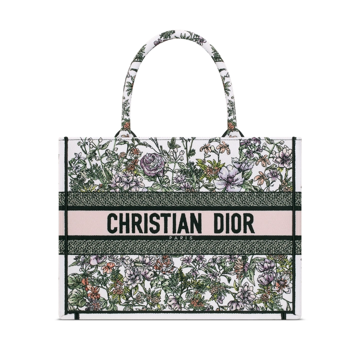 Dior Medium Book Tote White Multicolor D-Floral Embroidery Pink