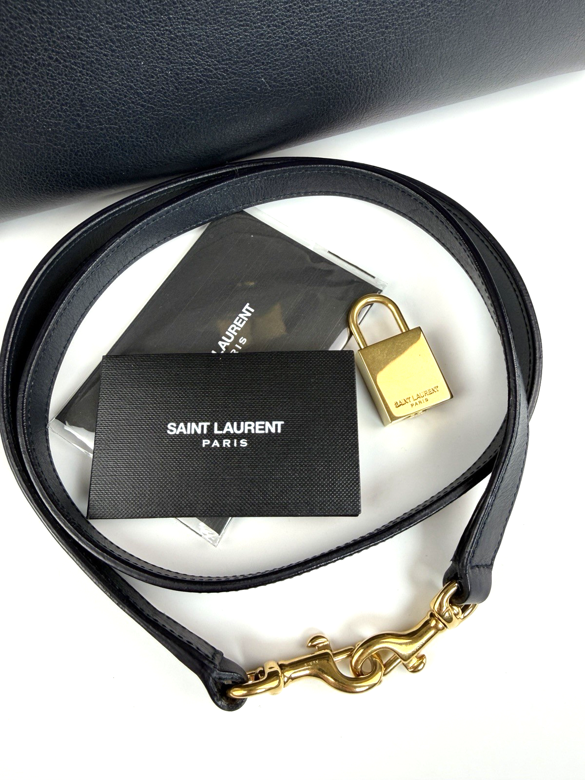 YSL Moujik Medium 2-Way Bag Navy Blue Leather 2335