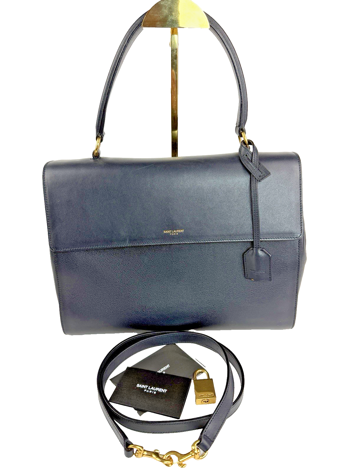 YSL Moujik Medium 2-Way Bag Navy Blue Leather 2335